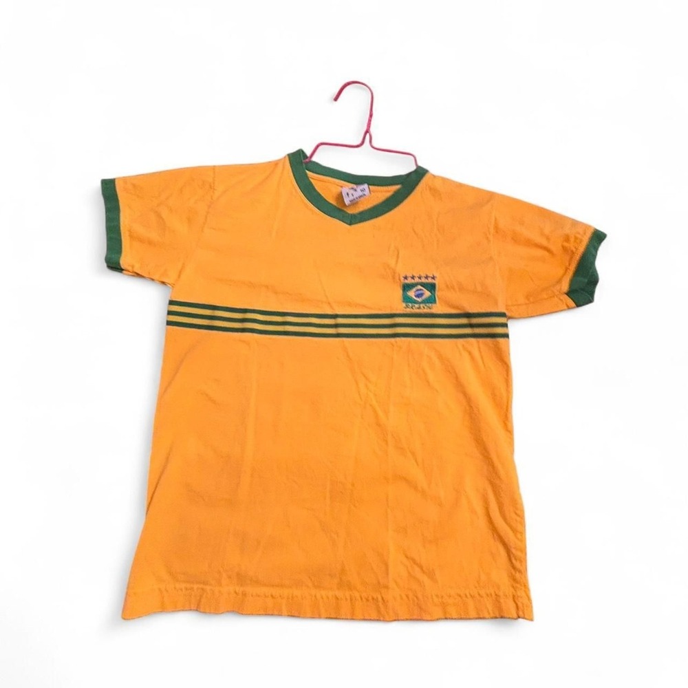 Pierim Kids Brazil Soccer Jersey T-Shirt Yellow Green Ringer V-Neck Size 10